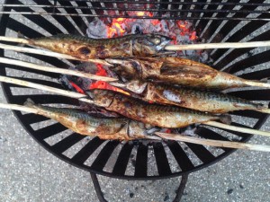 Fische am Feuerkorb grillen.