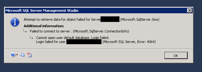 Can't connect to the default database.