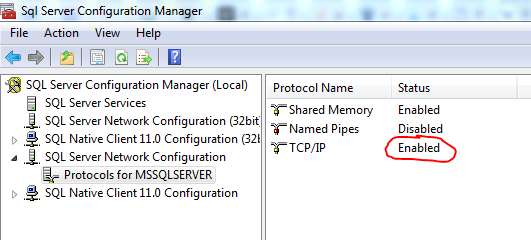 Screenshot of the SQL Server configuration manager.