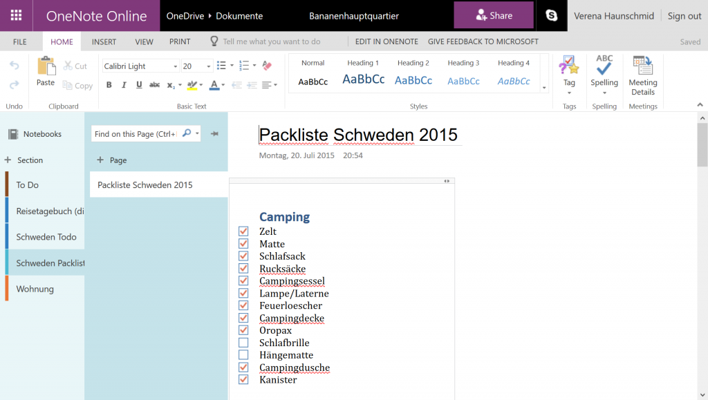 Screenshot von unserer Camping-Packliste im OneNote.