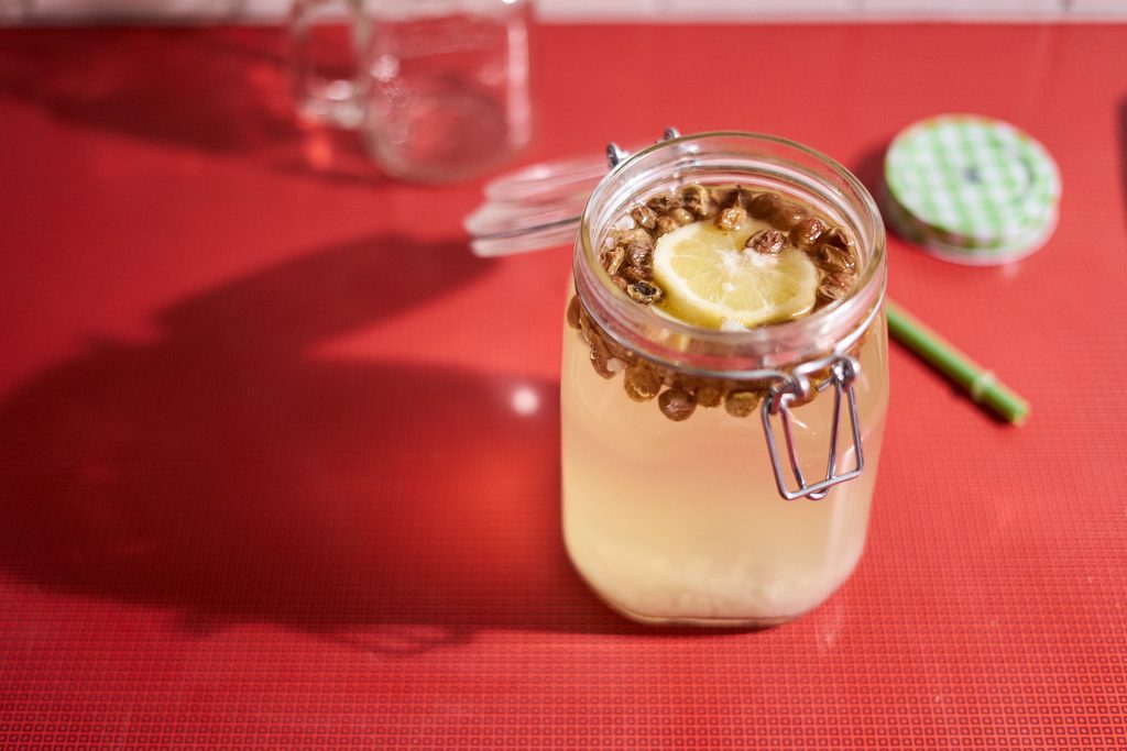 Wasserkefir, Rosinen und Zitronenscheiben im Einmachglas.