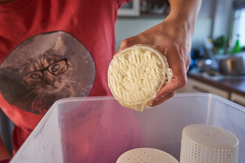 Der Käse ist nun in der Käseform und mit Frischhaltefolie zugedeckt.