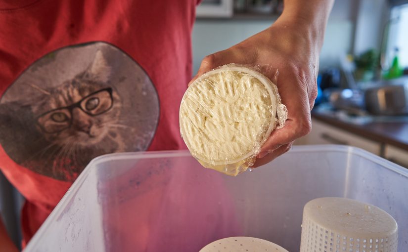 Der Käse ist nun in der Käseform und mit Frischhaltefolie zugedeckt.